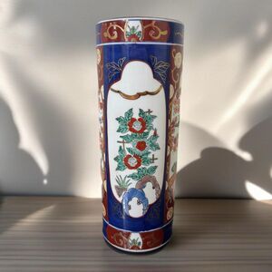Gold Imari Cylinder Hand Painted Floor Table Vase Floral & Bird Design Japan 12"